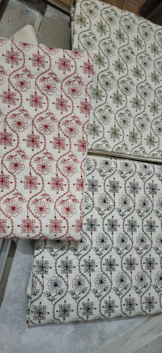 Cotton-Khadi-Rayon Slub Allover Embroidered 4.5 meter suit