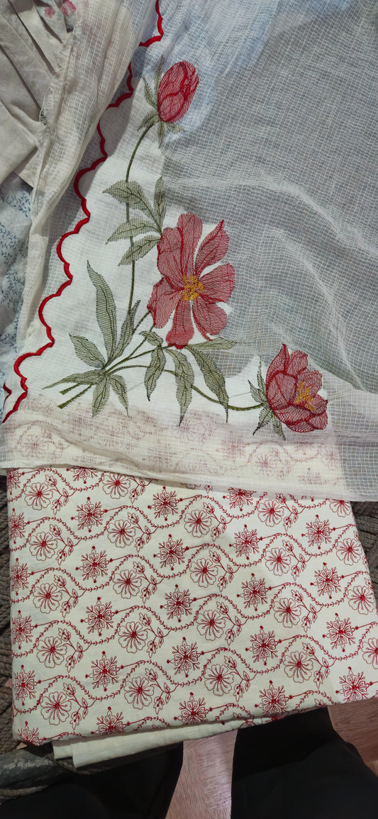 Cotton-Khadi-Rayon Slub Allover Embroidered 4.5 meter suit
